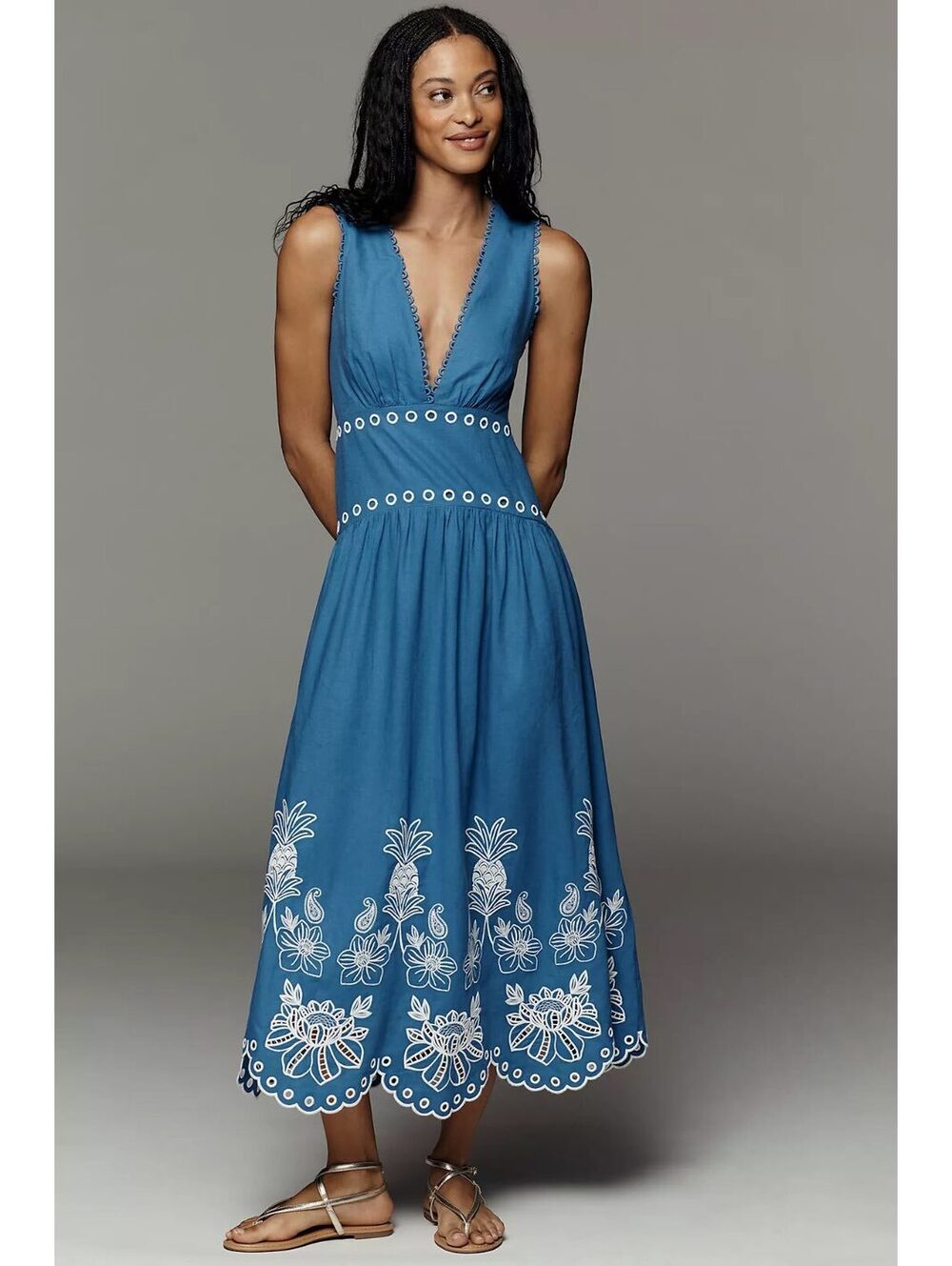 FARM RIO X Anthropologie Linen pineapple Cutwork Midi Dress